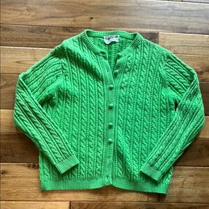 Vtg 60s Deans of Scotland lime green cable knit cardigan sweater